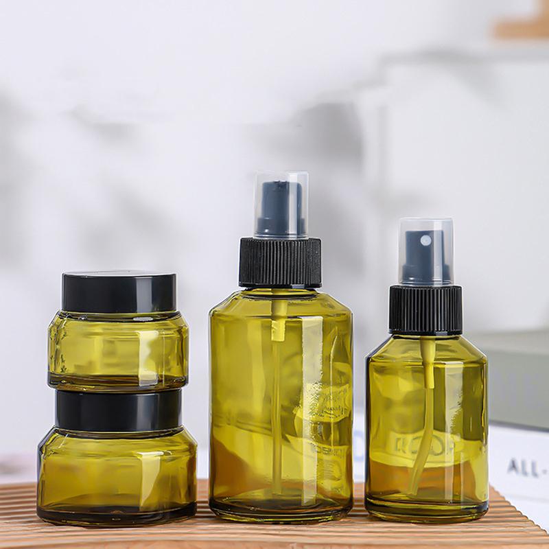 15Ml-60Ml Empty Refillable Bottle Green Glass Diy Cosmetic Bottle Cream Lotion Jar Pump Bottle For Shampoo Portable Travel