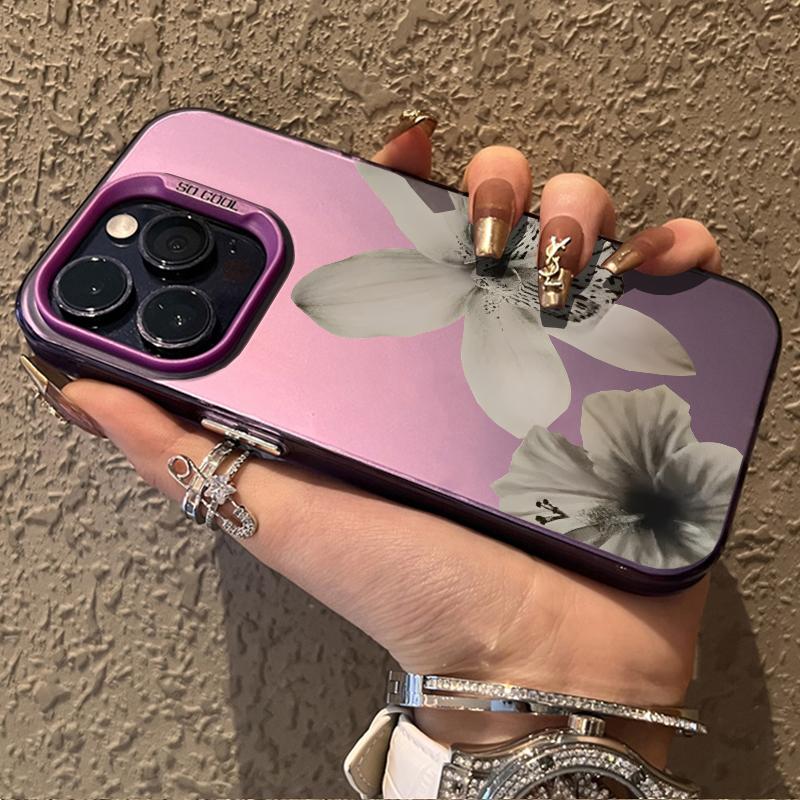 Luxury Black White Floral Pattern Phone Case For iPhone 17 Air 16 15 14 Pro Max 12 13 16 Plus Color Silver Electroplating Cover