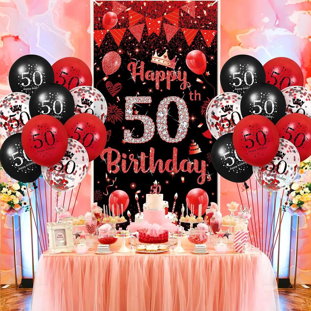 Red 50th Birthday Party Decorations for Women Men Red Black Balloons Banner Supplies Happy 50th Birthday Door Cover Banner and 18pcs Latex Balloons