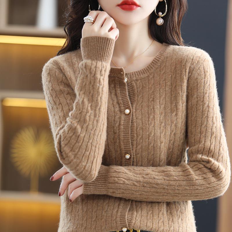 Women's Fashion Pure Wool Round Neck Cardigan - Versatile Autumn & Winter Cashmere Knitwear Sweater