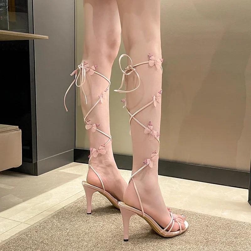 Pink Heel Sandals Woman 2024 Butterfly Decoration Zapatos De Mujer High Heels for Womens Shoes Round Toe Sandal Dresses Slides