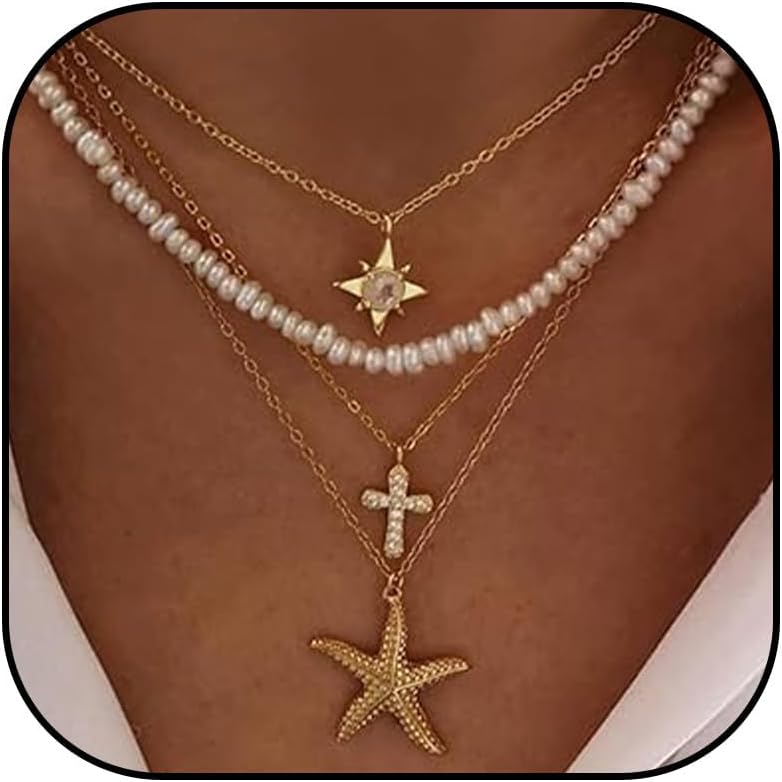 Dcfywl731 Starfish Seashell Necklace for Women Shell Pendant Accessories Chunky Gold Beach Jewelry Womens Fashion Accessories Summer Outfits for