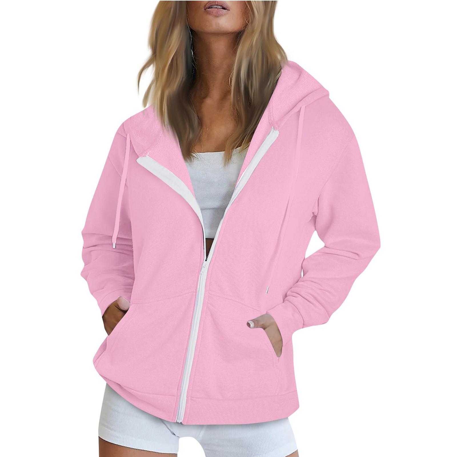 

Женская мода с длинным рукавом, свободная флисовая однотонная толстовка с капюшоном на молнии XL розовый