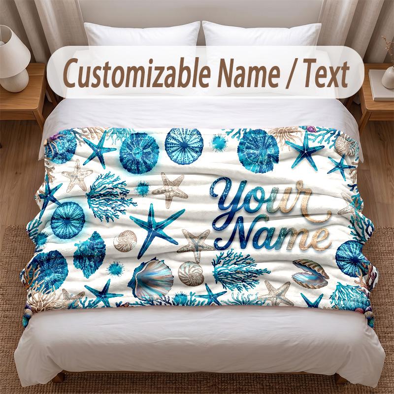 Fish Ocean Theme Soft Blanket Personalized Custom Name Text Print Warm Blanket Home Sofa Bedroom Decor