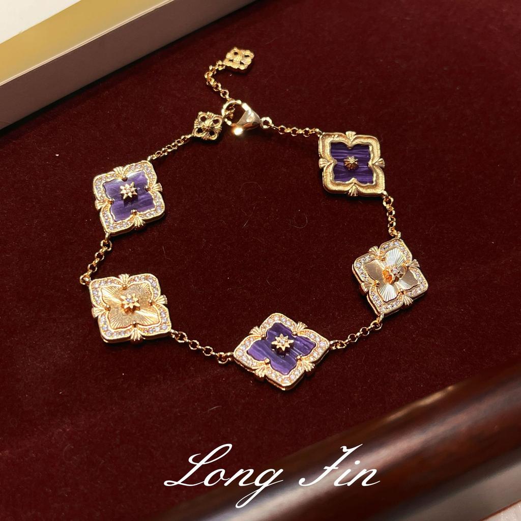 French Retro Four-Leaf Clover Window Grilles, Purple Dragon Crystal Jewelry Set, Necklace, Bracelet, Earrings, And A Ring.