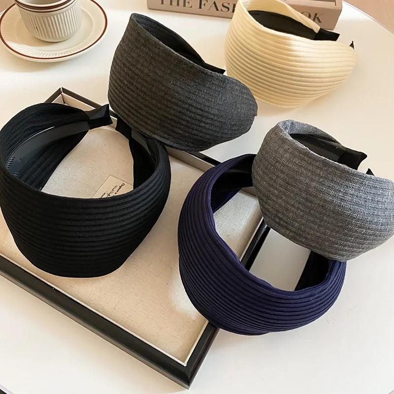 Internet Celebrity's Same Solid Color Wide Edge Striped Yarn Headband High Head Headband French Gentle Atmosphere Hair Accessory