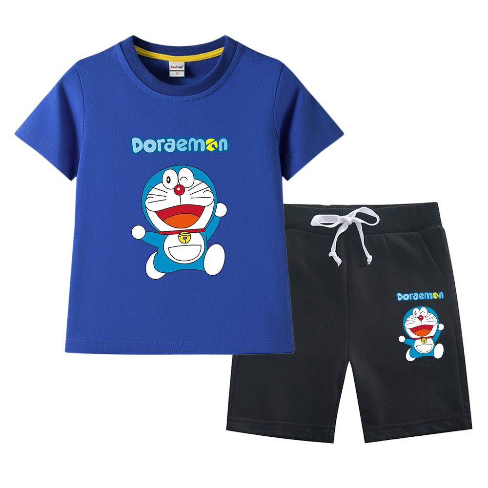 Doraemon Kids' Summer Set: Short-Sleeve T-shirt & Capris for Boys and Girls - Lightweight Casual Two-Piece.