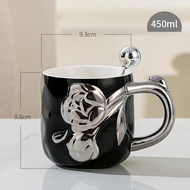 

Electroplated Ceramic Mug with Handle Spoon, Creative Light, Luxury Relief Flowers, Home Water Cup, 450ml Capacity, 1Pc 450ml