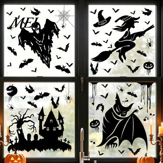 Retro Horror Party Supplies Halloween Static Sticker, with Witch/Ghost/Castle/Bat Silhouette Patterns, Durable PVC Waterproof Stickers Wall