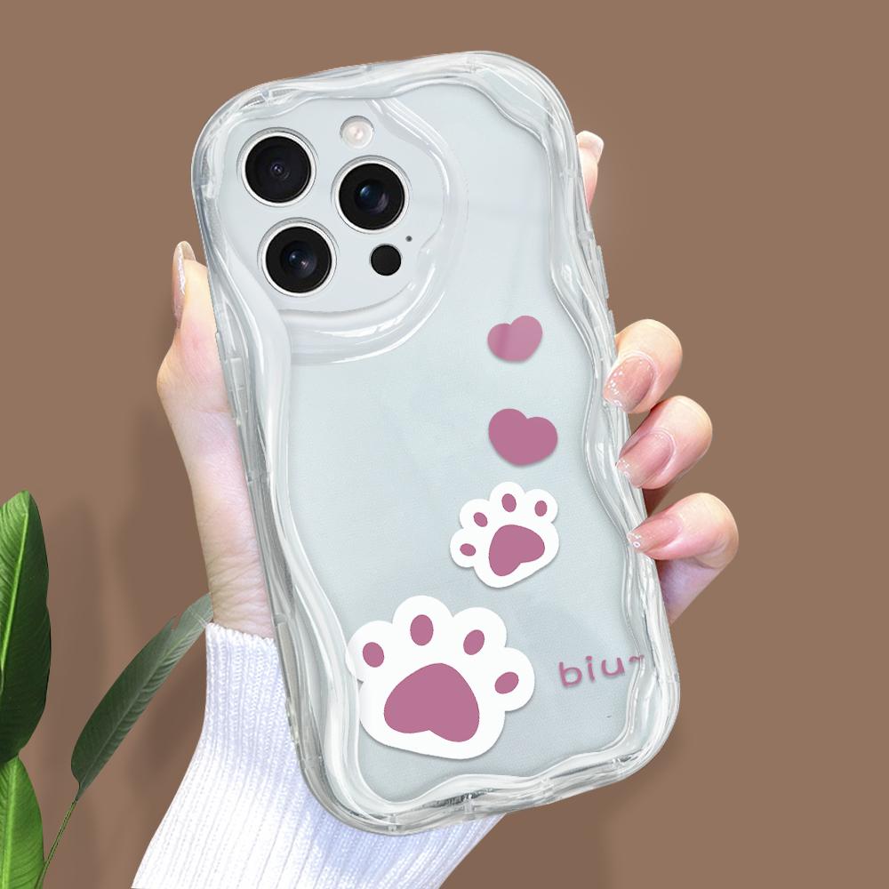 For iPhone 16 15 14 Samsung S25 S24 S23 A06 A13 A14 A15 A16 A55 Redmi 14C 13C Note 14 13 12 Dog Paw Print Soft Wavy Edge Full Lens Protect Case