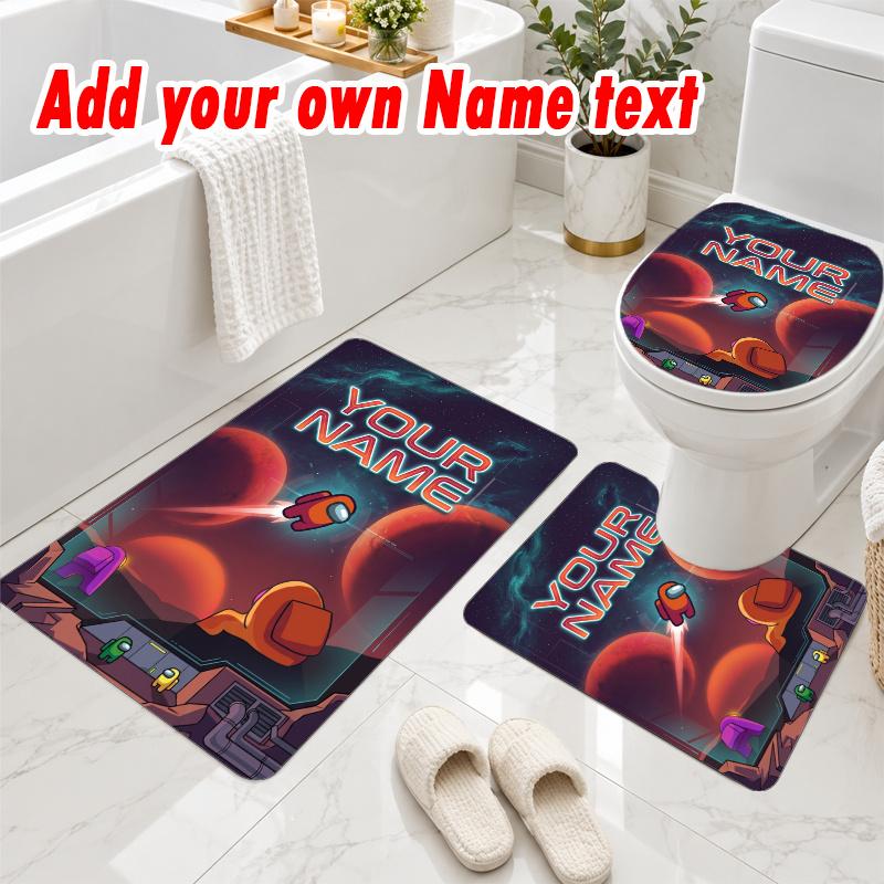 Personalized Among Us 3Pcs Flannel Toilet Mat Set Custom Text Bathroom Rug Non Slip