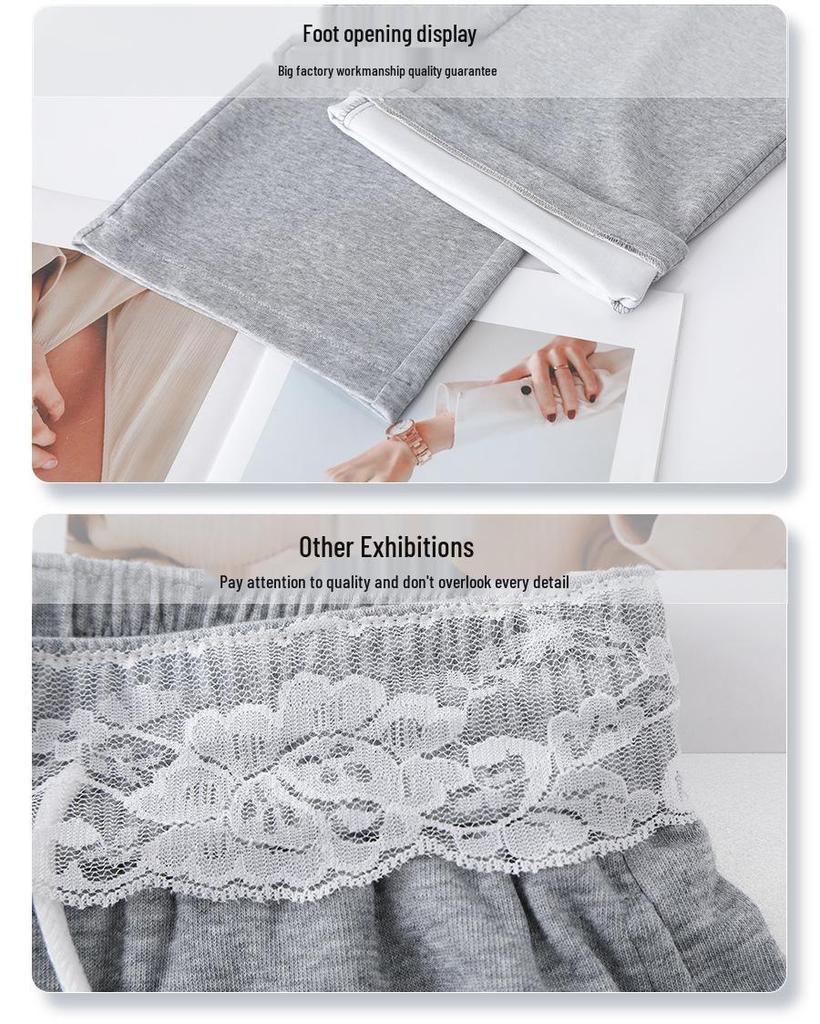 Gray Lace-Trimmed High-Waist Straight Leg Sweatpants for Women - Spring 2025 Collection