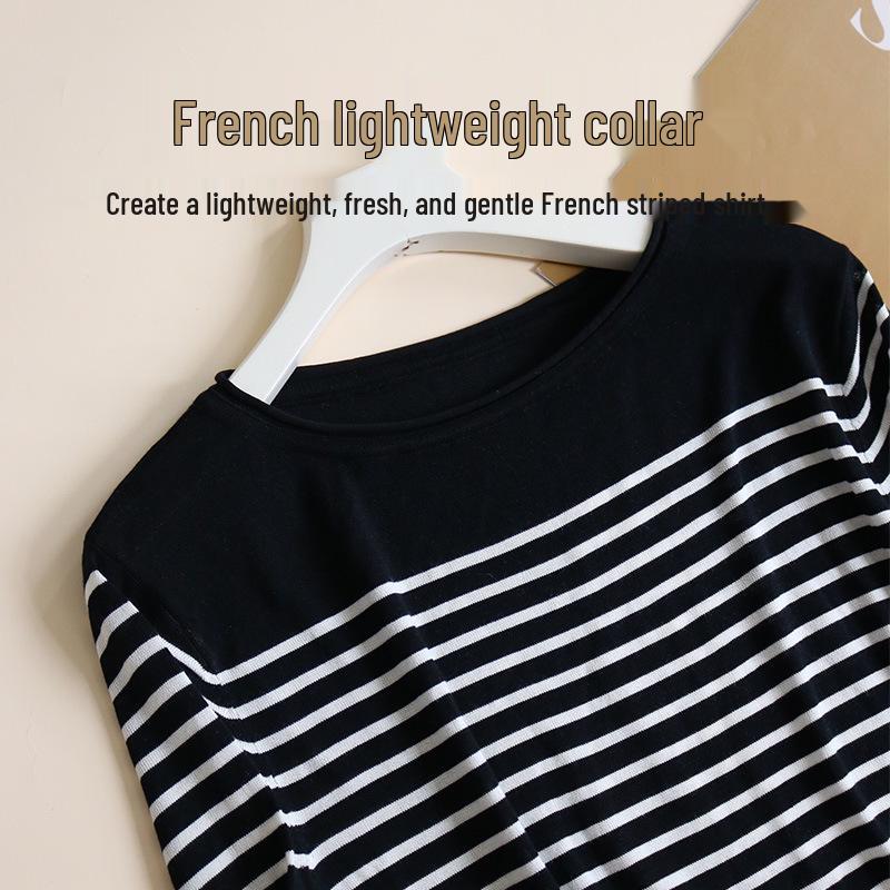 Tangge Women's Silk Lyocell Striped Long Sleeve Crew Neck T-Shirt