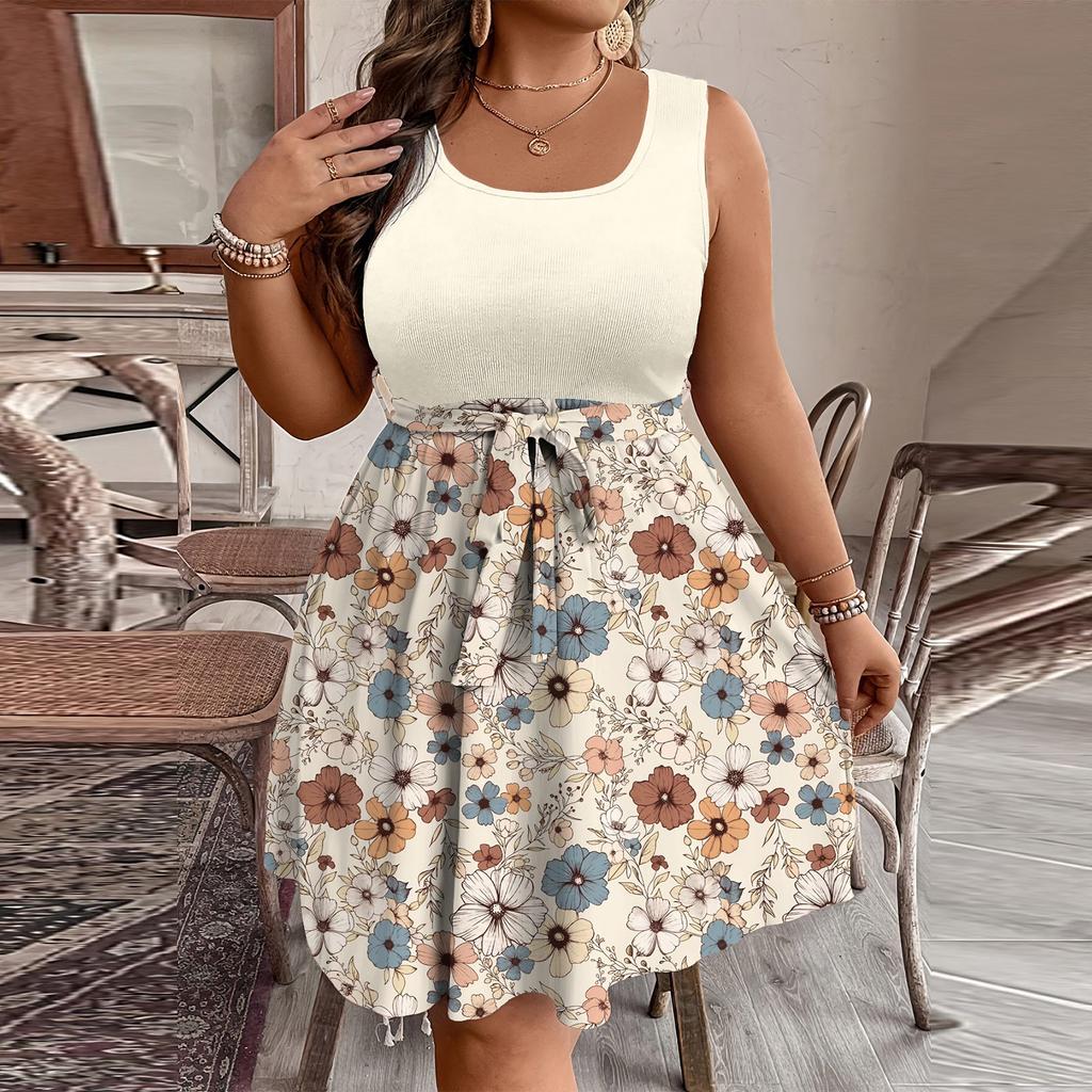 Women's Fashionable Casual Color Blocked Printed Sleeveless Waist Dress In Large Size