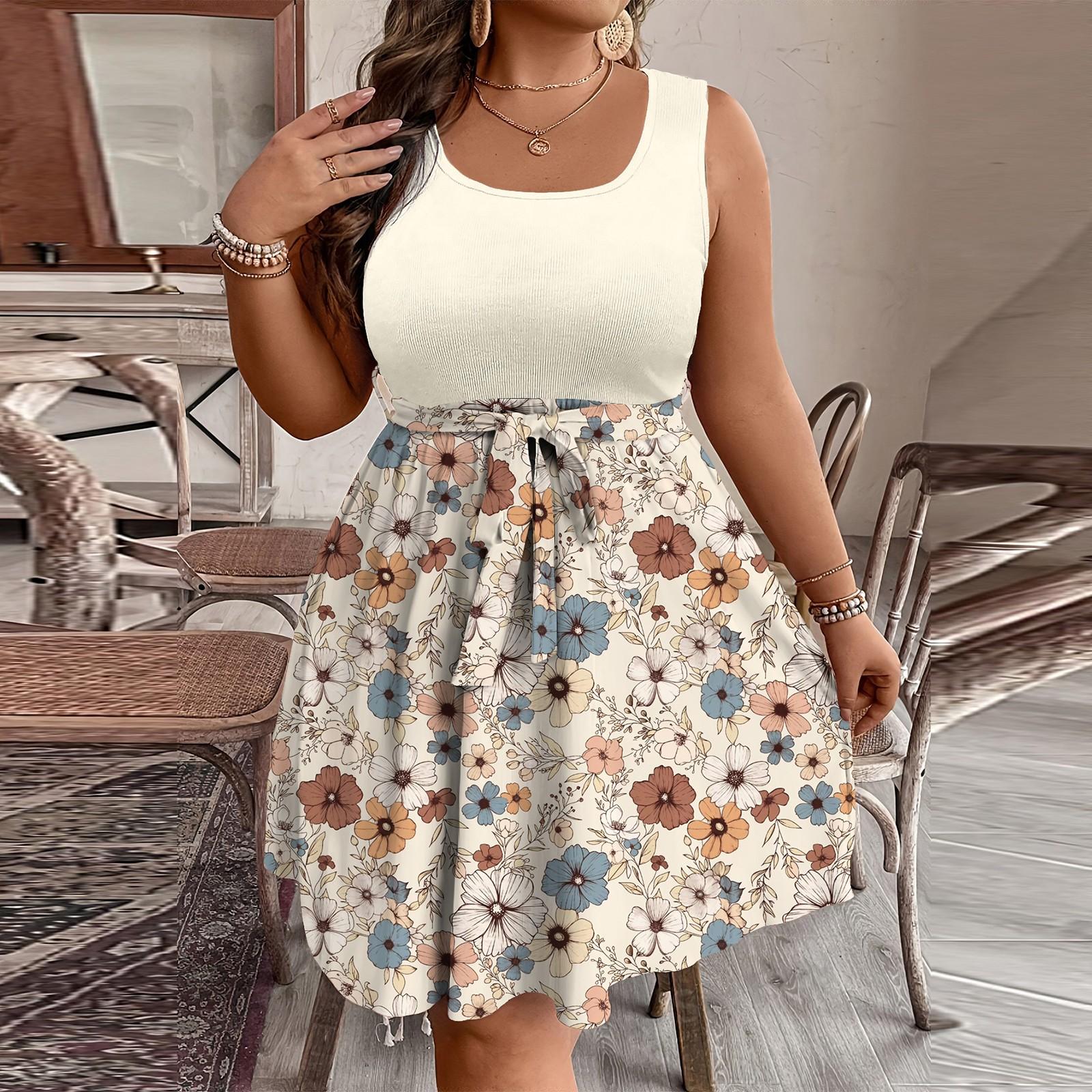 

Женское модное повседневное платье без рукавов с цветным принтом и поясом большого размера XXXXL бежевый