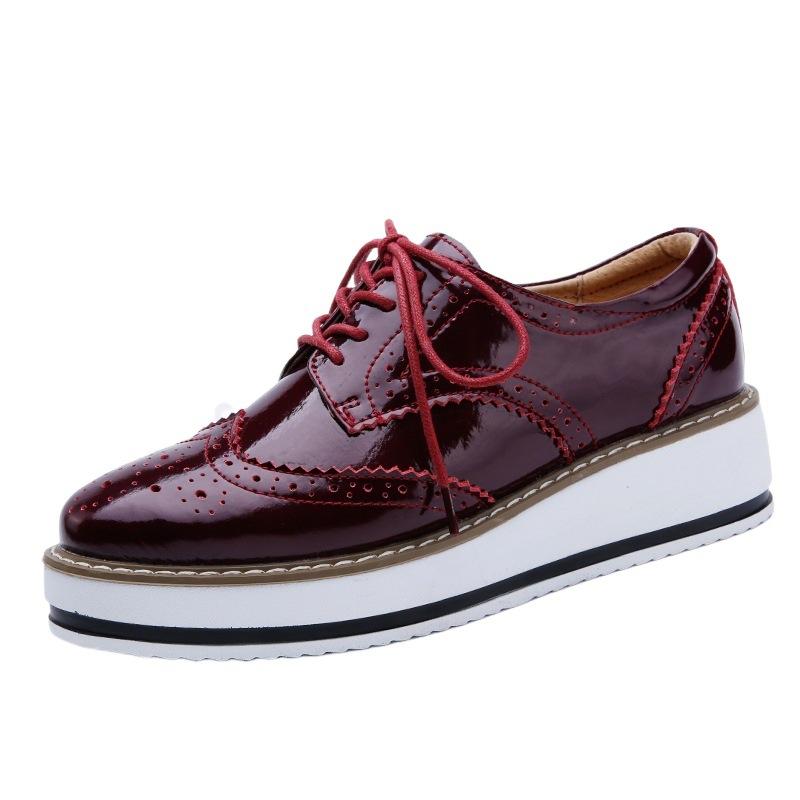 Large Size Wedge Heel Single Shoes Women's Brock Carved Leather Shoes College Style Lace-up Small Leather Shoes Leather Women's Shoes