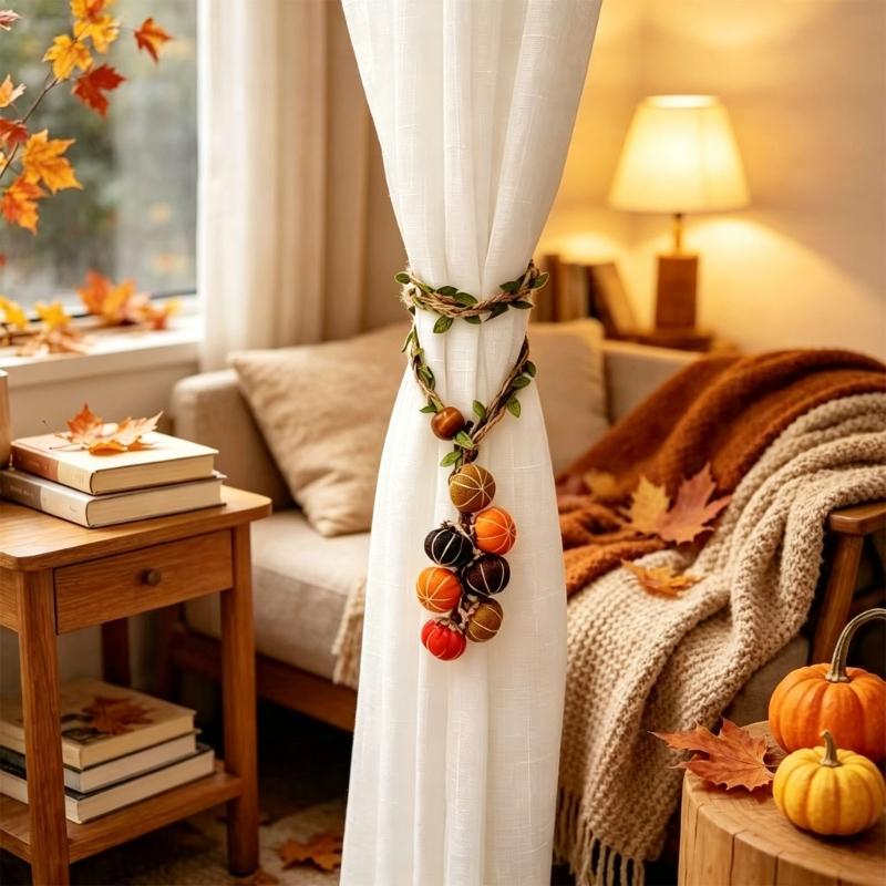 Harvest Curtain Holdback in Polyester with Pumpkin Charms for Window Panels, Door Curtains, and Seasonal Party Displays