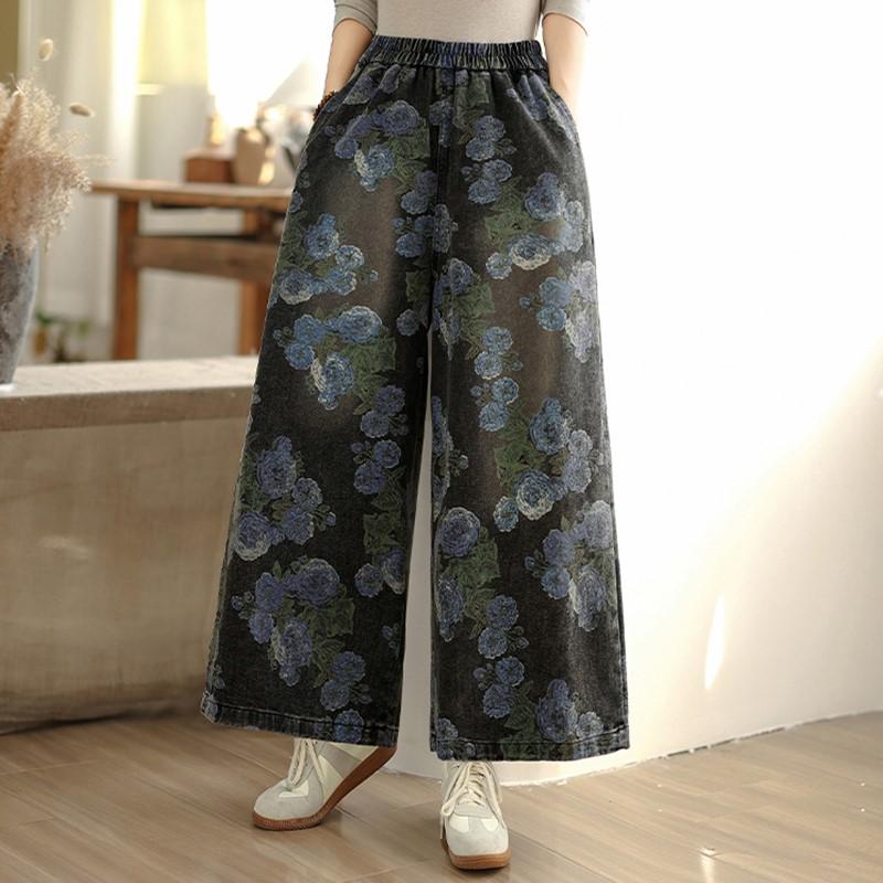 Plus size Vintage floral high waist casual loose Women spring summer autumn jeans denim wide leg Pants