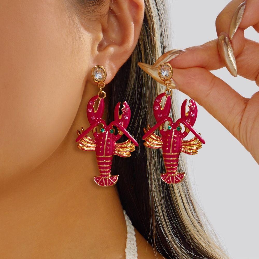 Exquisite Lobster Earrings Enameled Metal Ear Jewelry Cute Animal Earrings for Girls Ladies