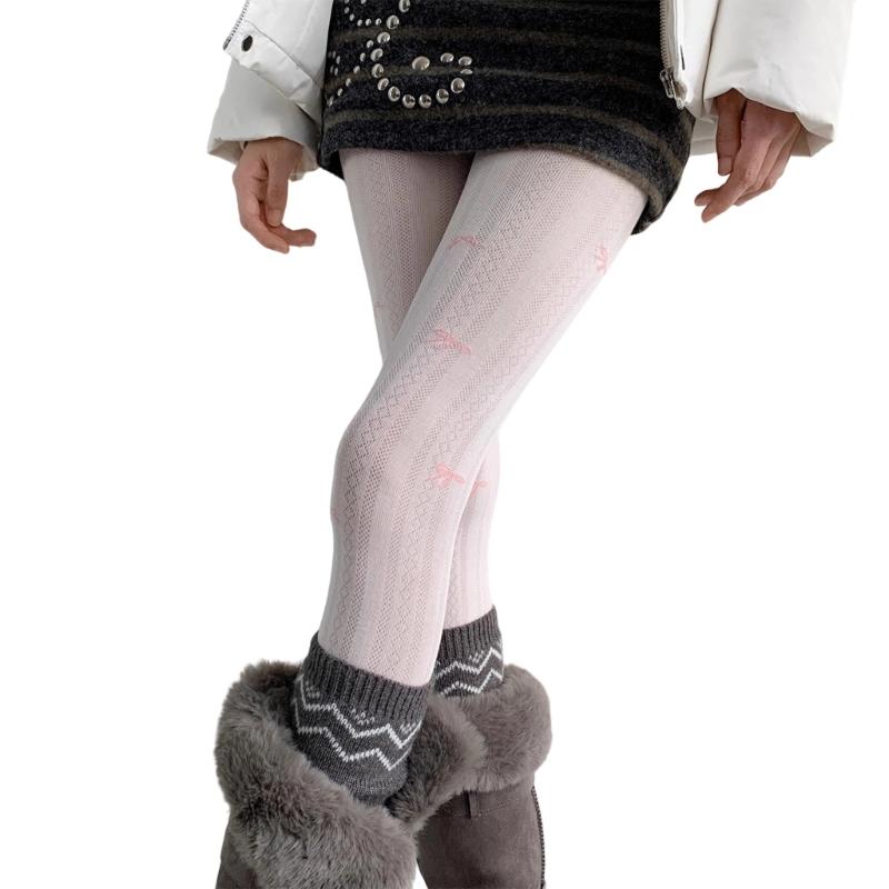 

Женские зимние/осенние непрозрачные термоколготки с высокой талией, жаккардовым узором в виде бантика, эластичным поясом, из мягкой ткани белый