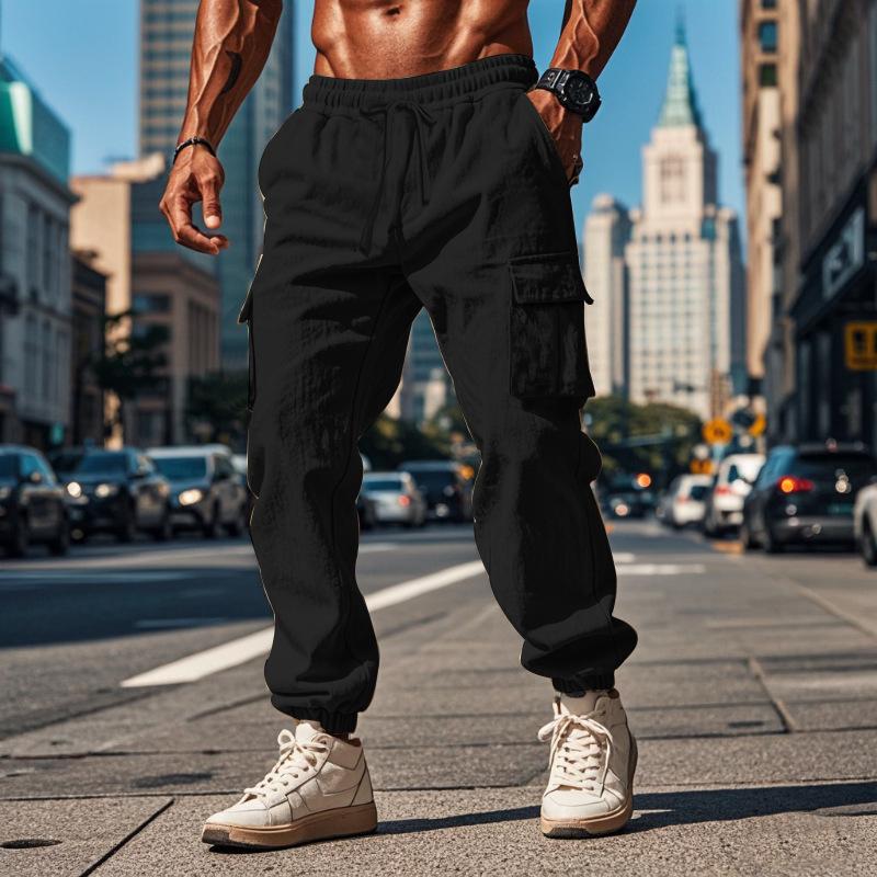 Herren Freizeithose mit mehreren Taschen, verdeckter Knopfleiste, Kordelzug, Baumwolle und Leinen, gerade geschnittene Leggings
