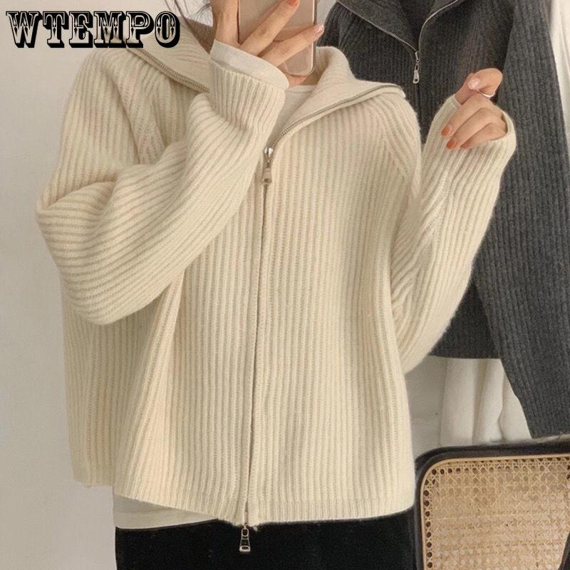 WTEMPO Women's Knit Zip Up Jacket Fall Winter High Collar Full Zip Sweater Cardigan, Long Sleeve Relaxed Fit Thick Knit Coat