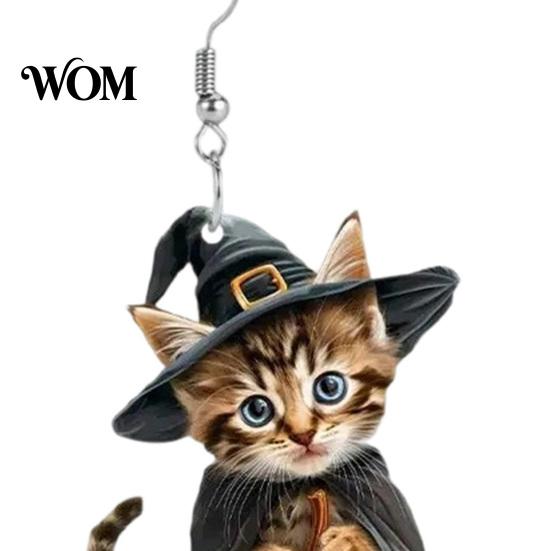 Curved Ear Hooks 1 Pair Halloween Witch Cat Earrings for Women, Acrylic Cute Anti-rust Metal Kitten Dangle Drop with Pumpkin, Party Costume