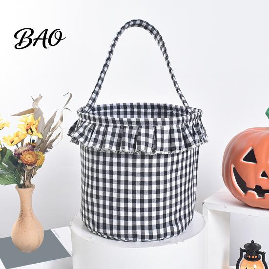 Versatile Household Storage Halloween Basket, Plaid Ruffle Trick or Treat Candy Bucket with Handle Home Organization Baskets for Kids, Reusable