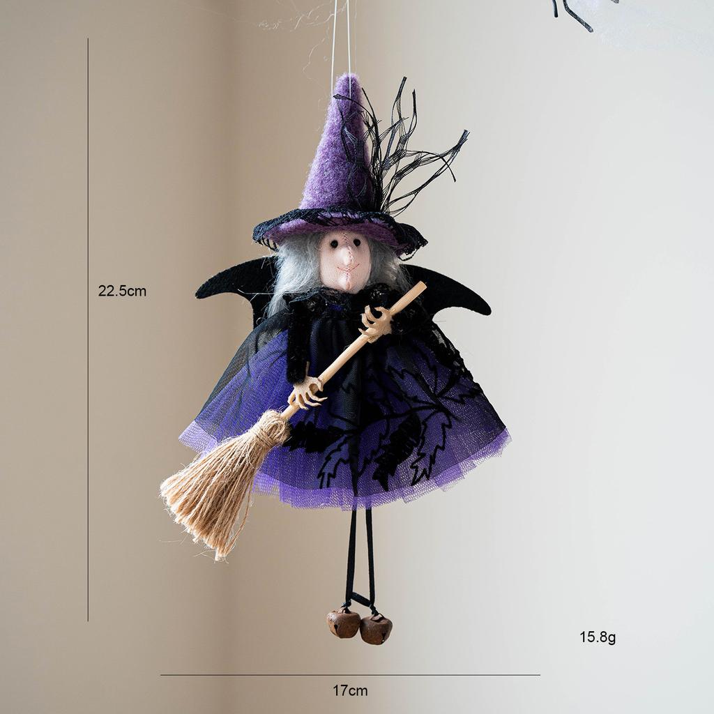 Halloween Netting Broom Witch Decoration Pendant Bell Hanging Witch Doll Costume Scene Decoration