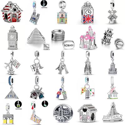 New 925 Silver Building Series Bead Pyramid Church Leaning Tower of Pisa Big Charm Fit Bracelet Women DIY Pendant Gift