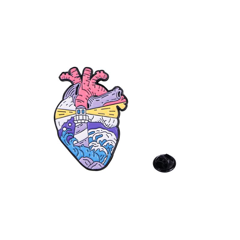 Personality Colorful Enamel Oil Painting Heart Collection Brooches Sea Lighthouse Whale Eye Space Ticker Lapel Pins
