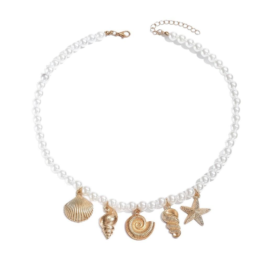 Oceanic Shell Starfish Pendant Necklace With Pearl Accents For Women