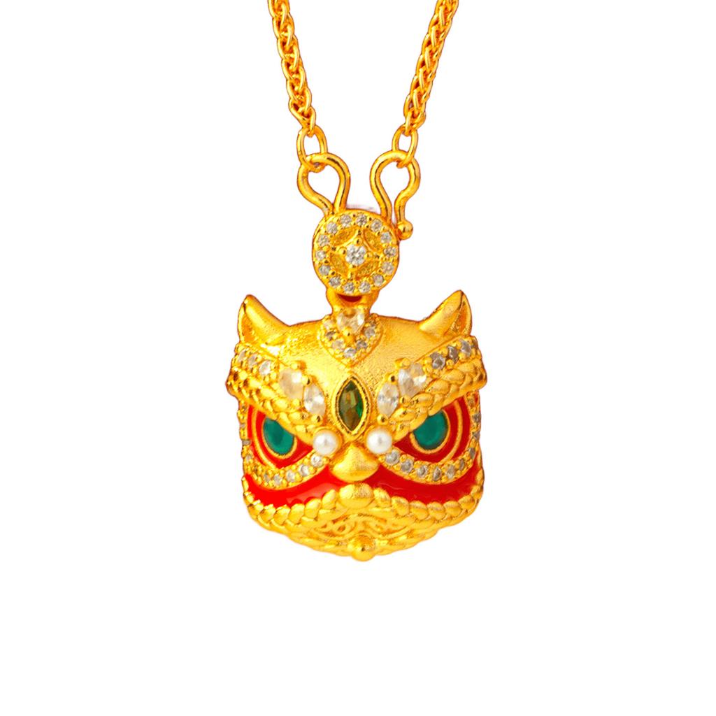 Luxury 24K 9999 Pure Gold Real Gold Enamel Color Lion Dance Pendant Ancient Chinese Style All-match Necklace