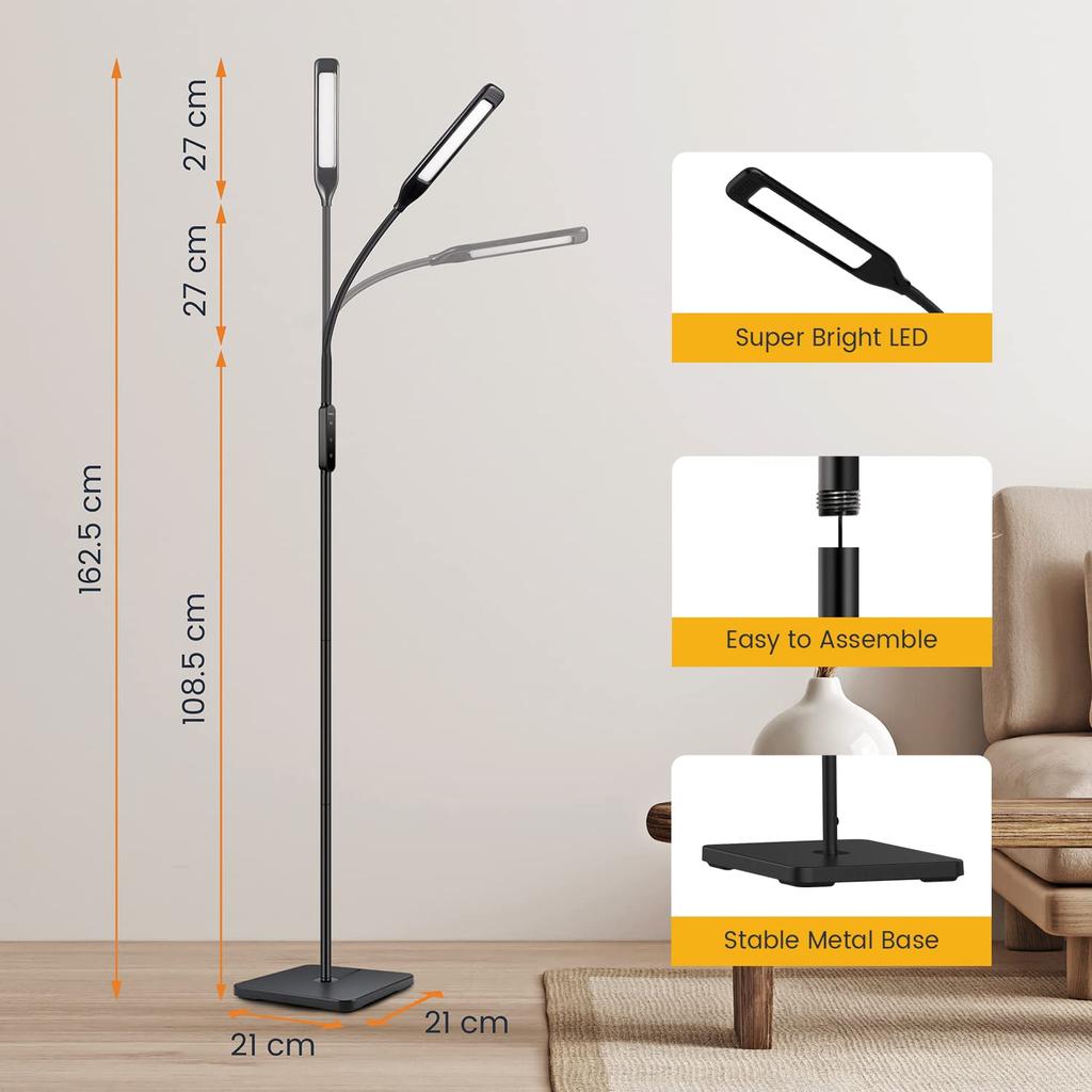 Lastar LED Floor Lamp, Living Room Floor Lamp with 5 Brightness Levels, 4 Color Temperature Settings, Timer and Memory Function, 12W Stand Reading