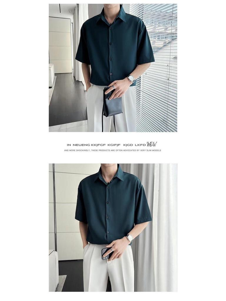 Ice Silk Men's Loose Fit Short Sleeve Button-Down Shirt - Korean, Hong Kong, Japanese Style, Plus Size, Wrinkle-Resistant