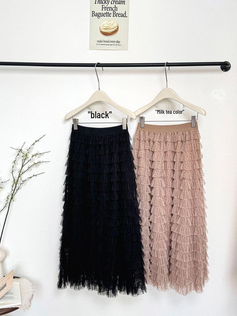 Polka Dot Mesh Fairy Fluffy Long Skirt - 2026 Spring/Summer High Waist A-line Layered Skirt for Women