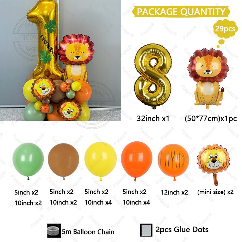 Set de 29 ballons dorés Chiffres 1-9 Anniversaire Ballon Lion Dessin Animé Thème Animaux de la Jungle Décoration de Fête Accessoires Photo Festival