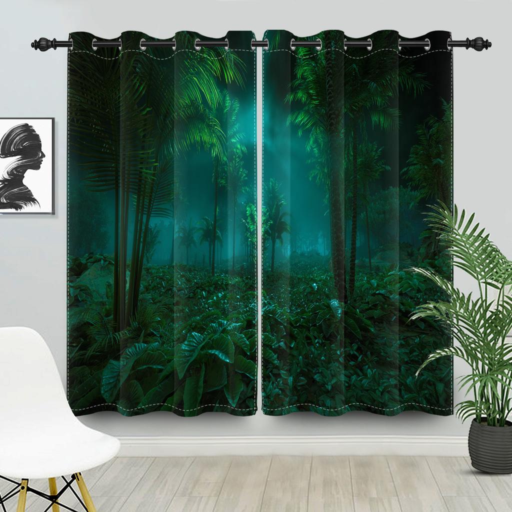 2pcs/set Blackout Curtains Sunny Forest Natural Green Space Landscape Polyester Window Bedroom Kitchen Home Interior Curtains