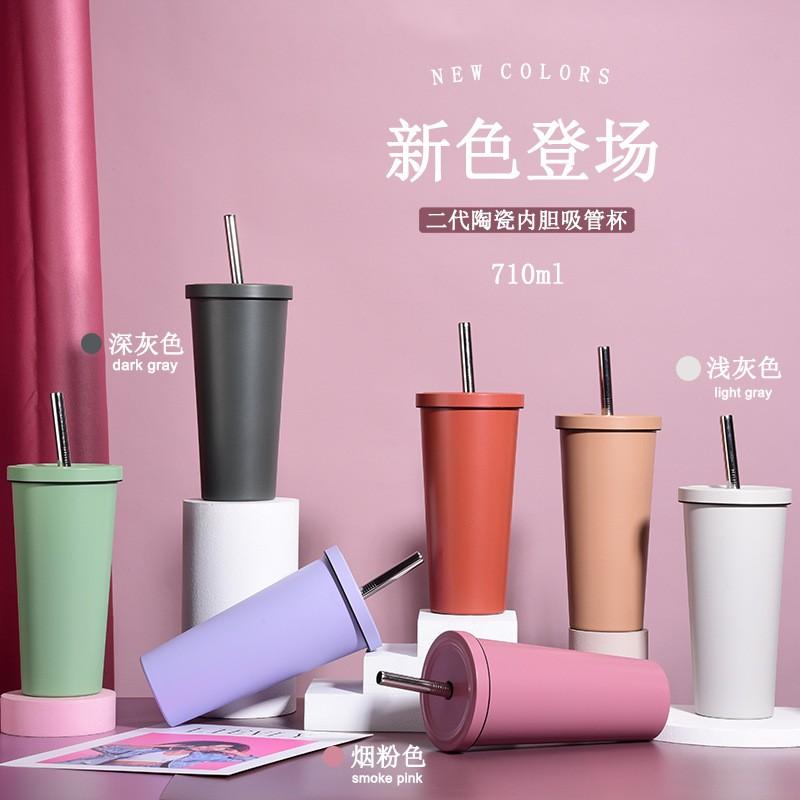 710ml Vacuum Insulated Stainless Steel Tumbler With Ceramic Coating Inner Straw Lid Hot Cold Drinks