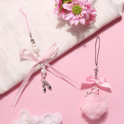 Delicate Pink Ball Woven Ribbon Bow Keychain Pendant Ribbons Bowknot Keyring For Bags Backpacks Phone Charm Phone Strap Ornament