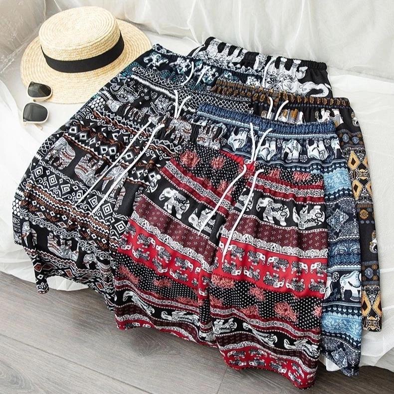 Elephant Pants Shorts Casual Adjustable Elastic High Waistband Strap Rope Women Men Unisex Print Thailand Streetwear Beach Bohemian Retro Vintage