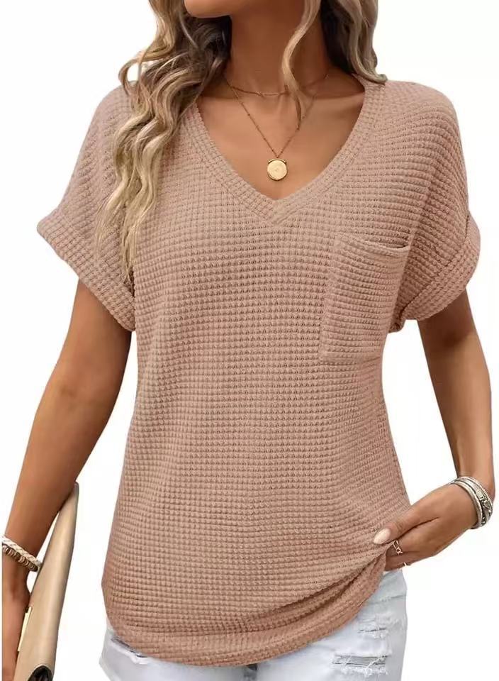 VEZFAA Damenmode, lässig, Sommer, Frühling, einfarbig, bedruckt, kurzärmelig, V-Ausschnitt, Blusen und Hemden