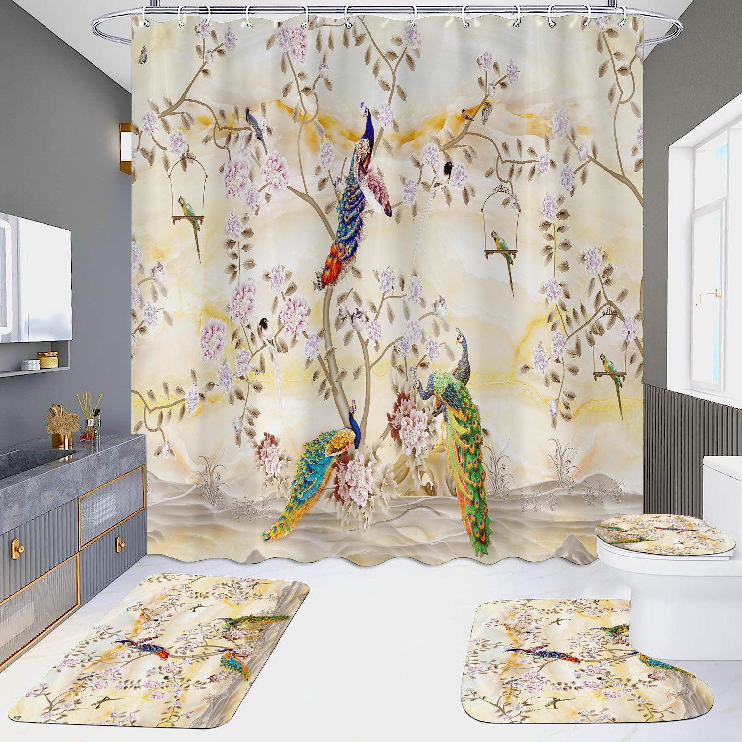 

HD занавеска для душа, набор из четырех предметов, водонепроницаемая без дырокола, ванная комната, отель, туалетная перегородка, занавеска Павлин Full sets