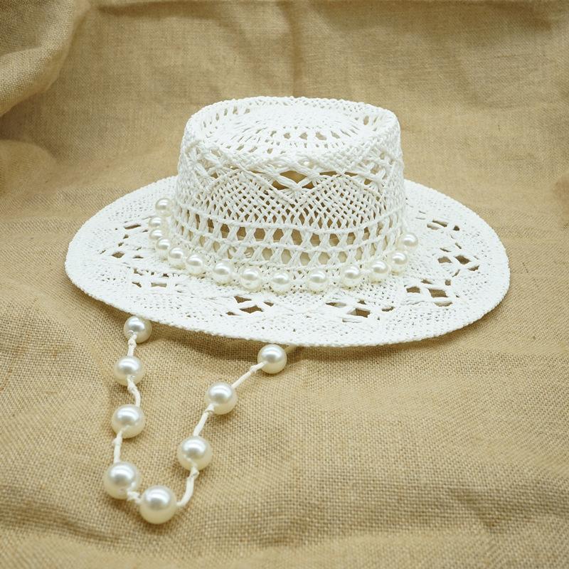 Japan Japanese French Retro Hollow Flower White Flat Top Top Hat Women'S Summer Sunshade Vacation Beach Straw Hat Outing