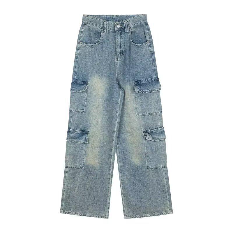 

Женские джинсы карго с высокой посадкой, светлой стиркой и широкими штанинами - 2025. Моделирующие и удлиняющие ноги, прямые, длиной до пола. L светло-синий