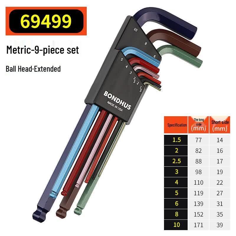 BONDHUS Protanium Steel 9-Piece Metric Ball End Hex Key Set 1.5-10mm Metric Set