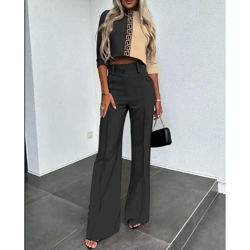 Crop Cropped Top Wide-Leg Pant Suit Crop-Top Short Top Loose Pants Two-piece Set