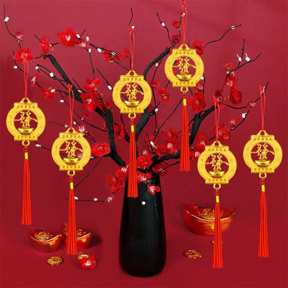 6/10Pcs Gold Chinese New Year Pendant Waterproof Wealth Spring Festival Bonsai Pendant with Tassel Traditional