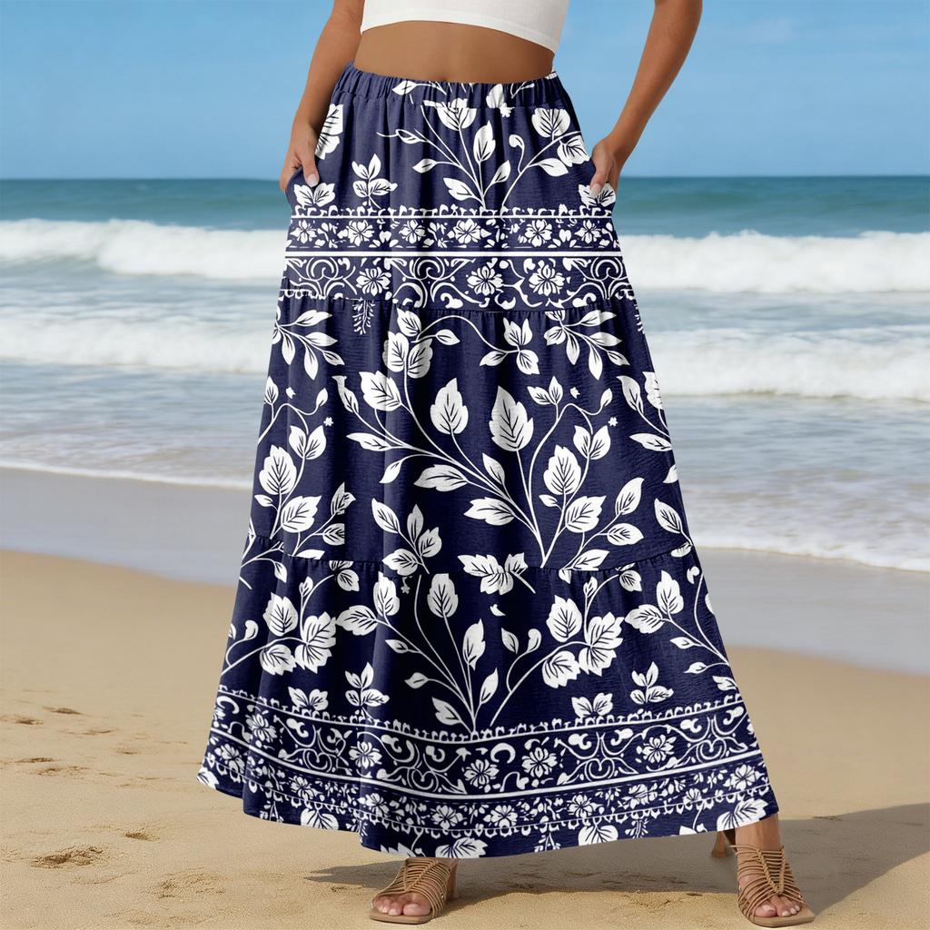 Women Elastic Waist Floral Print Boho Maxi Skirt with Pockets Lightweight A Line Long Skirt