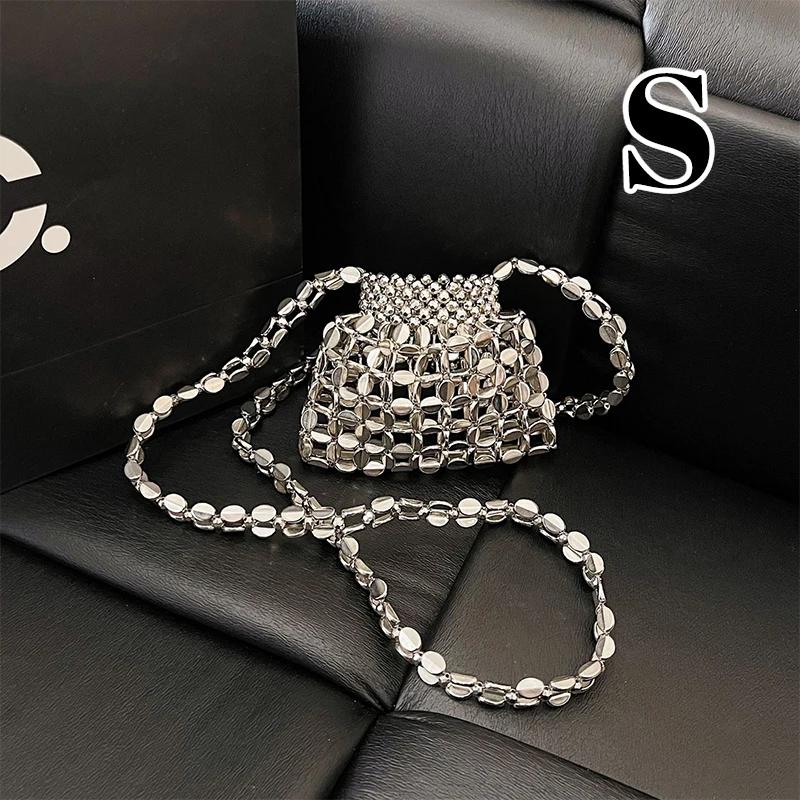 

French Light Luxury Handmade Beaded Woven Crossbody Bag for Women Summer Metal Design Hollow Versatile Soft Shoulder Bag